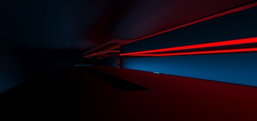 Fototapeta premium Abstract architectural minimalistic background. Laser show in the ultraviolet spectrum. Modern impulse tunnel. Futuristic space sci-fi frame neon backlight. 3D illustration and rendering.