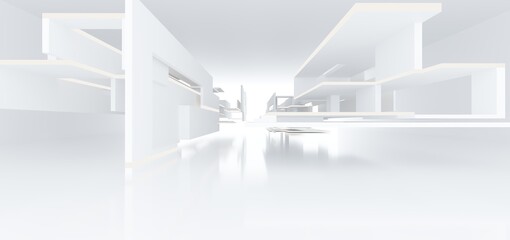 Luxury white abstract architectural minimalistic background. Contemporary showroom. Modern  exhibition stand. Empty gallery. Backlight. Polygonal Graphic Design. 3D illustration and rendering.