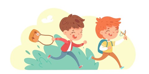 School kids going to study in autumn. Happy boys running in park. Learning and primary education vector illustration. Cute schoolchildren in September with bag and backpack