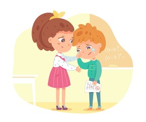 Friend supports and comforts sad kid in school. Empathy, compassion and love vector illustration. Boy crying after receiving bad mark on test. Girl consoling and caring, sympathy