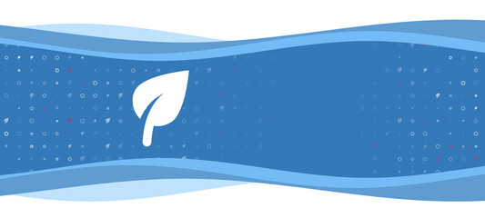 Obraz na płótnie Canvas Blue wavy banner with a white leaf symbol on the left. On the background there are small white shapes, some are highlighted in red. There is an empty space for text on the right side