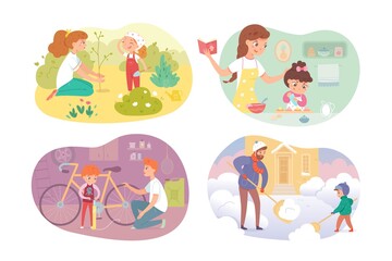 Kids helping parents set. Girls and boys help mother, father and brother with housework. Childhood helpers vector illustration. Cooking with mom, planting tree, removing snow, repairing bike