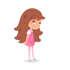 Sad angry girl standing. Frustrated child with dislike face expression. Negative emotion and distress vector illustration. Cute little kid in bad mood on white background