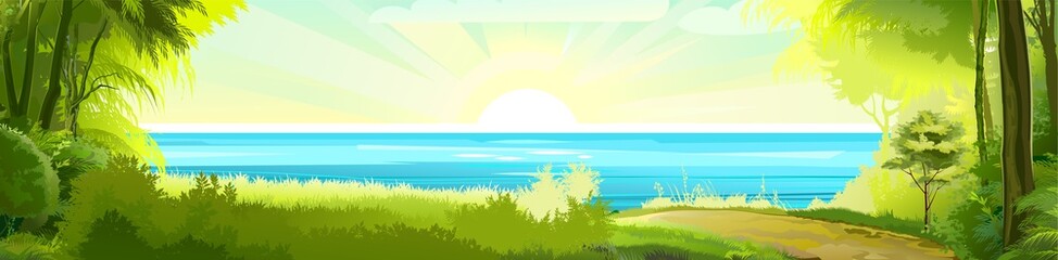 Fototapeta na wymiar A touching gentle seaside landscape. Tropical trees by the sea, ocean. Road to the shore. Thick grass. Bright morning sun with rays. The glitter of the waves. Barely noticeable clouds. Illustration.