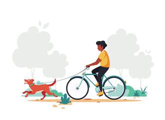 Black man riding bike with dog. Healthy lifestyle, outdoor activity concept. Vector illustration.