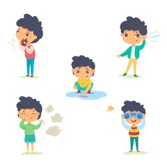 Boy showing five senses set. Sense of sight, touch, hear, smell, taste vector illustration. Small happy child in nature and exploring wonders of spring. Joyful education at childhood
