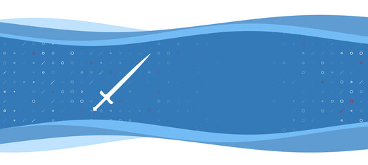 Blue wavy banner with a white sword symbol on the left. On the background there are small white shapes, some are highlighted in red. There is an empty space for text on the right side