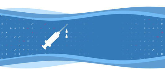 Blue wavy banner with a white syringe symbol on the left. On the background there are small white shapes, some are highlighted in red. There is an empty space for text on the right side