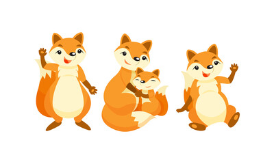 Cute Orange Fox Cuddling with Its Cub and Waving Paw Vector Set