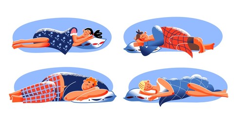 People sleeping on pillows at home set. Happy men and women lying under blanket in pajamas asleep at night. Bedtime at house vector illustration. Resting and smiling in sleep