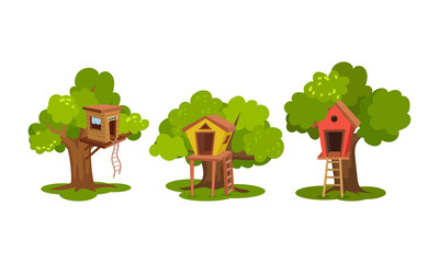 Tree Houses as Wooden Hut in Tree Crown with Ladders Vector Set