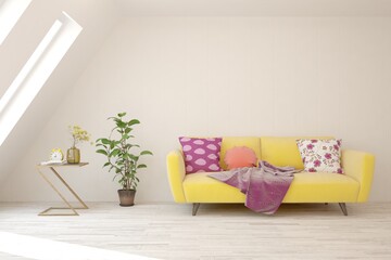 White living room with colorful sofa. Scandinavian interior design. 3D illustration