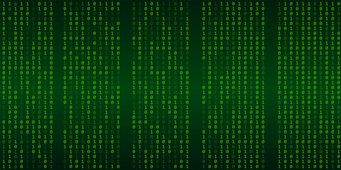 Green matrix background. stream of binary code. Falling numbers on dark backdrop. Digital computer code. Coding and hacking. Vector illustration.