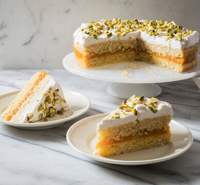 Cornmeal cake with apricot bay compote and pistachios