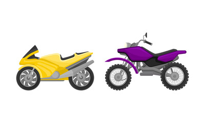 Sport Motorcycle or Motorbike as Two-wheeled Motor Vehicle Side View Vector Set