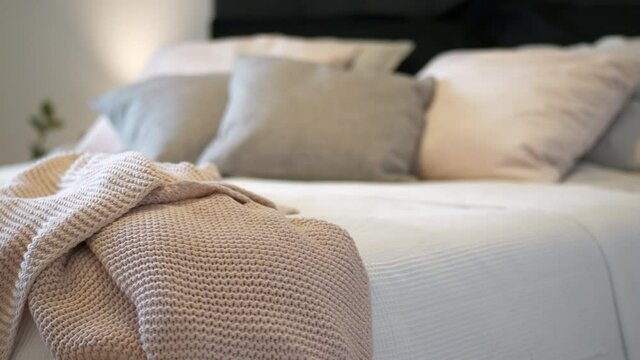 Cozy Bedroom Interior with Decoration And Details in bright colors, slider movement