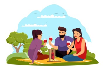 People drinking wine outdoor on picnic. Women and man sitting together in park on plaid with glasses of wine, bottle and cheese. Friends eating and drinking vector illustration