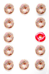 lunch with donuts frame on white table background top view mock up