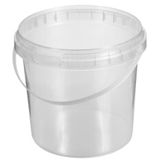 Empty food packaging bucket transparent plastic closed lid isolated on white background