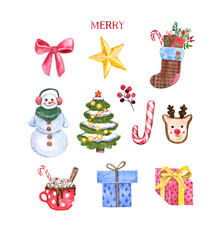Watercolor Christmas illustrations set. Watercolor hand painted snowman, Rudolf cookie, hot cocoa mug, candy cane, socks stocking, gifts, holiday fir tree, star isolated on white background.