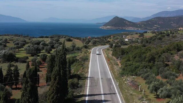Drone video. Patras, Greece. Traffic movements. Blue skies. Sea