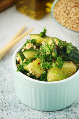 Smashed cucumbers salad, a dish of national Chinese cuisine
