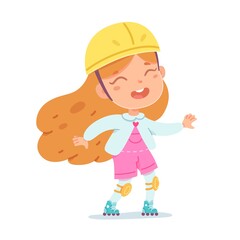 Kid riding on roller skates. Happy smiling girl skating in helmet and protection isolated on white background. Recreation at skatepark playground vector illustration. Modern youth leisure