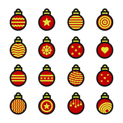 Set of decorated holiday balls, ball on white background, collection. Decoration ornametns for end year holidays. Happy New Year, Xmas, Merry Christmas, tree decors on white background EPS Vector