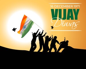 Vector illustration of Vijay Diwas (VICTORY DAY)banner, 16 december 1971, India flag, soldier with rifle and helmet, flying birds, banner template for websites.
