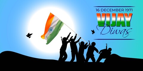 Vector illustration of Vijay Diwas (VICTORY DAY)banner, 16 december 1971, India flag, soldier with rifle and helmet, flying birds, banner template for websites.