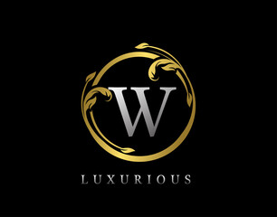 Luxury Circle Letter W Floral Design. Vintage Gold W Swirl Logo Icon.