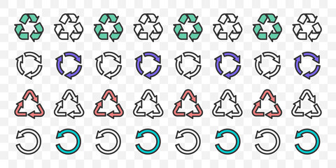 Recycle icons set. Linear and flat icons. Recycling and rotation arrow icon pack. Concept icons. Trendy colors. Vector illustration
