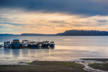 Obraz premium Achao / Los Lagos / Chile - 04/30/2018: Traditional wooden fishing boat on the island of Chinchao by Chiloe Island, Chile.