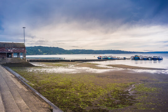 Achao / Los Lagos / Chile - 04/30/2018: Traditional wooden fishing boat on the island of Chinchao by Chiloe Island, Chile.