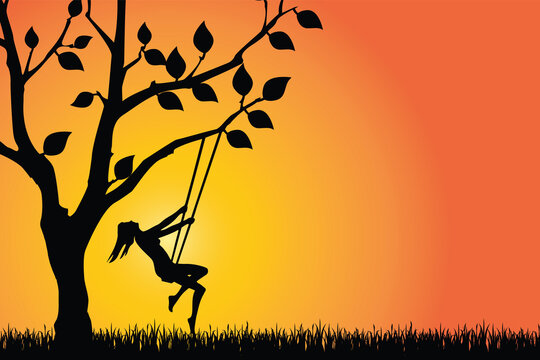 Silhouette of a girl on a swing, Free Happy Woman Enjoying, freedom and quality concept, Let Girls Dream concept.
