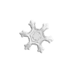 Snowflake isolated on white background. Macro photo of real snow crystal: elegant star plate with hexagonal symmetry, glossy 3d surface, massive central hexagon and short, ornate arms.