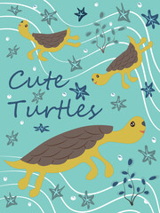 Cute turtle mom and baby turtle. vector illustration, eps