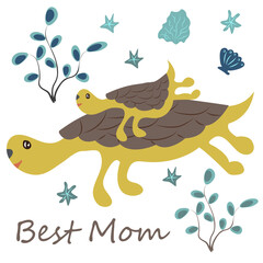 Cute turtle mom and baby turtle. vector illustration, eps
