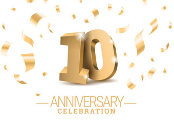 Anniversary 10. gold 3d dancing numbers. Poster template for Celebrating 10th anniversary event party. Vector illustration