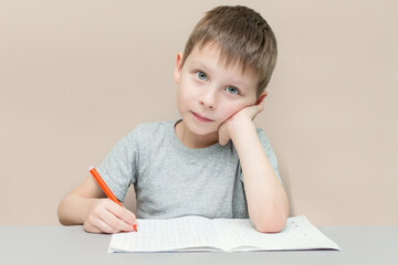 the boy preschool sits at a table with a pen and notebook. The child learns to write. The idea is...