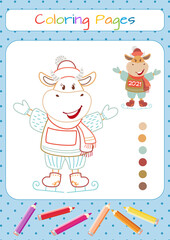 Cute cartoon cow. Vector illustration with bull, symbol of the Chinese new year 2021. Cow on ice. Coloring pages.