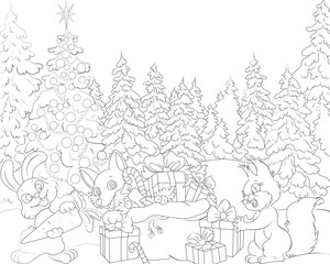 Fototapeta na wymiar Christmas coloring book for children and adults with cute animals and a bag of gifts on the background of the winter forest