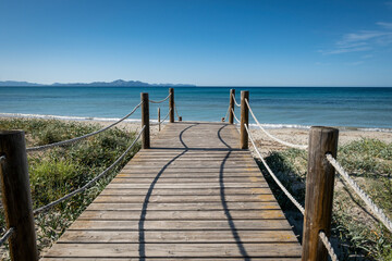 Obraz premium wooden path to protect the dunes, Arenal de sa Canova, Artà - Santa Margalida, Natural Area of Special Interest, Mallorca, Balearic Islands, Spain