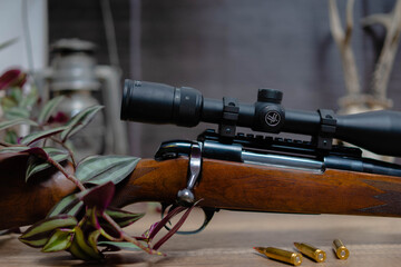 Side view of beautiful rifle with wood stock. Caliber 22 long rifle. Ammunition on table. Bolt...