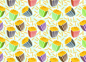 Vector seamless pattern with pitched fries. beautiful boxes with fast food. Bad food for the cinema. Appetizing background