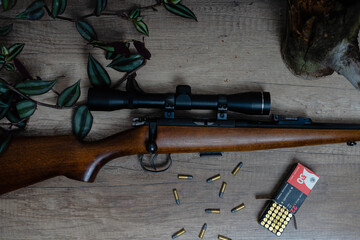 Top view of beautiful rifle with wood stock. Caliber 22 long rifle. Ammunition on table. Bolt...