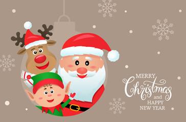 Merry Christmas and Happy New Year 2021 greeting card with funny Santa Claus, reindeer and elf.