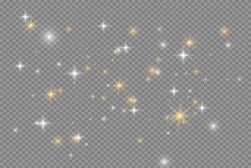 The dust sparks and golden stars shine with special light. Vector sparkles on a transparent background. Christmas light effect. Sparkling magical dust particles.