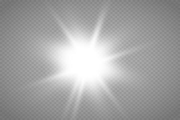 Glow isolated white transparent light effect set, lens flare, explosion, glitter, line, sun flash, spark and stars.