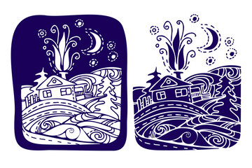 Vector isolated lined design set of sea landscape with winter landscape with house at night